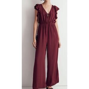 New Size XXL 2X Madewell Jacquard V-Neck Ruffled Jumpsuit Red Cabernet Maroon